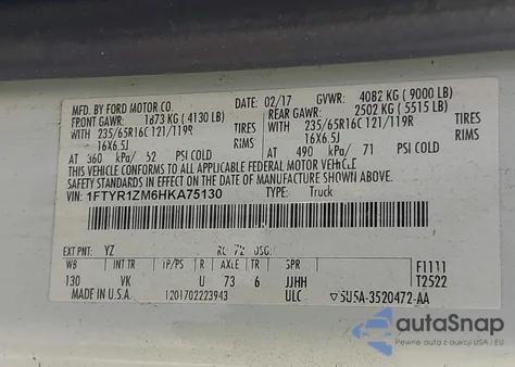 2017 Ford Transit-250 from USA, damaged, VIN 1FTYR1ZM6HKA75130